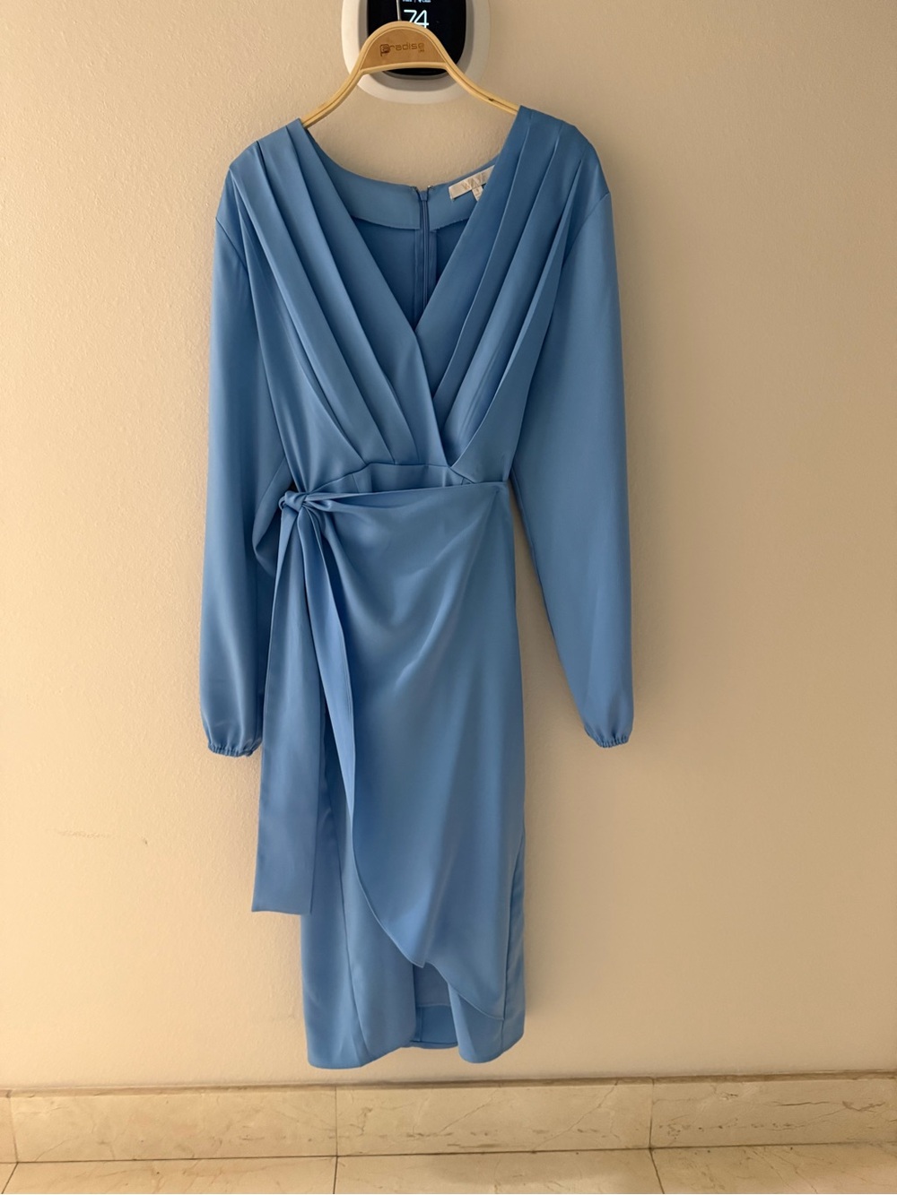 Wayf Powder-Blue Long Sleeve Wrap Midi Dress